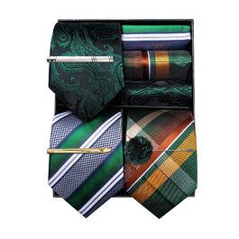 Краватка чоловіча Barry.Wang Paisley, шовкова, з кишеньковою хусткою та запонками, зелений візерунок