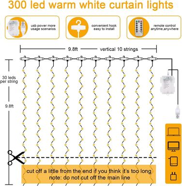 Ланцюжок прикрас LED, 10м, 100 світлодіодів, з пультом та таймером, 8 режимів, вологостійкий IP65, тепле біле світло, для дому та вулиці, для святкування, 1 шт. (2 в 1 USB & батарейка)
