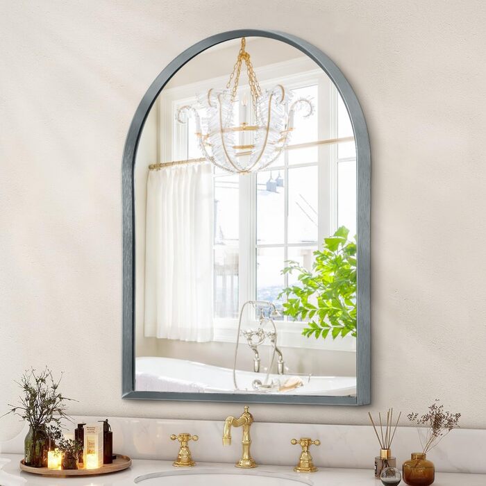 Дзеркало настінне з вигнутим склом, 45x65 см, сірий металевий каркас, для ванної кімнати/вітальні/спальні