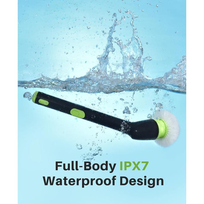 Електрична щітка для прибирання LyriFine, водонепроникна IPX7, з довгим руків'ям, 2 швидкості, змінна насадка, для ванної кімнати, білий (світло-зелений)