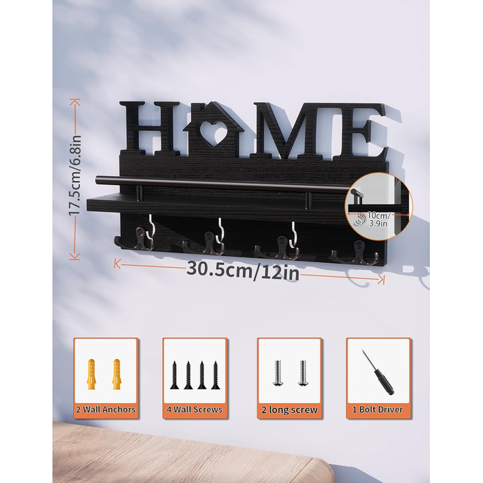 Дерев'яне ключниця-органайзер на стіну з полицею, 7 гачків, чорний, для дому