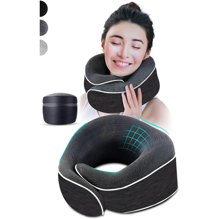 Подушка для шиї AIRTH® 360° з піною з пам'яті та зручним кріпленням - ергономічна підтримка шиї з знімним чохлом для максимального комфорту та відпочинку (Чорна)