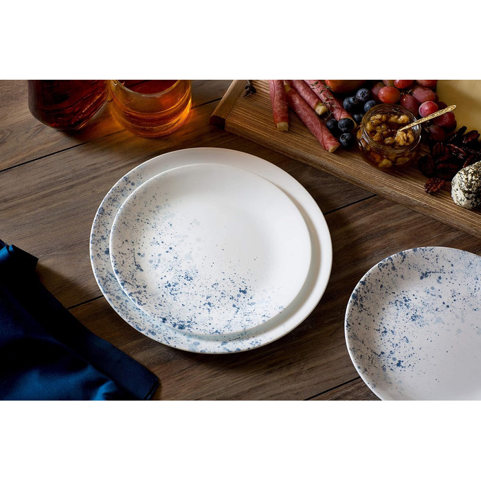 Corelle набір посуду 18 предметів, Indigo Speckle, блакитно-білий, на 6 осіб. Стійкий до сколів, включає великі тарілки 26 см, салатові/сімейні тарілки 17 см та супові/кашові миски 530 мл