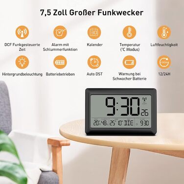 LATEC Wall Clock Digital, Digital Wall Clock with Temperature and Humidity Display, Radio Clock Digital with Backlight, Date, Day of the Week, Large, 20 x 13 x 1.2 cm (with batteries)