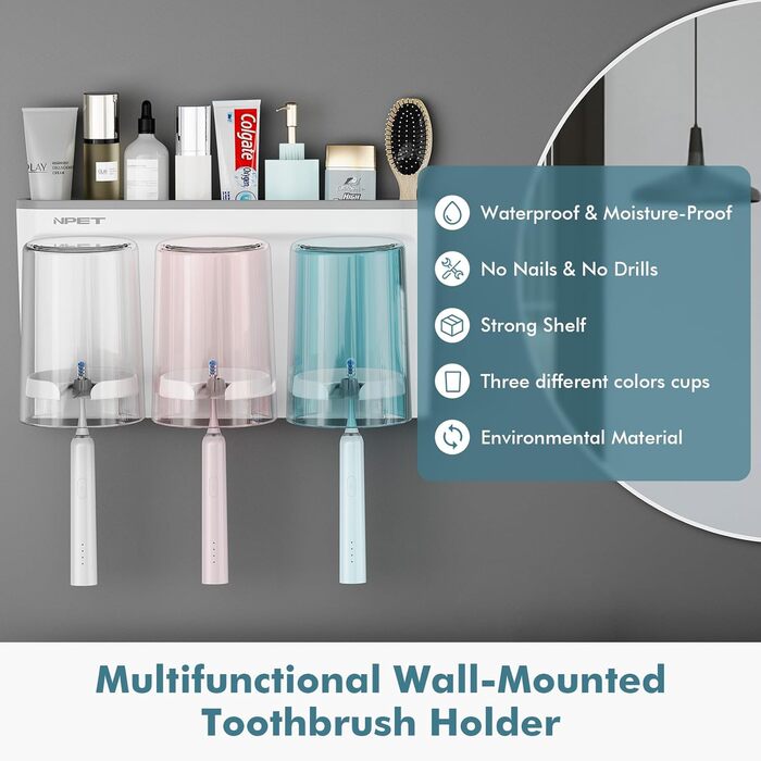 NPET Toothbrush Holder for Bathroom, 3 Cups, Toothbrush Holder Set, Wall Mount, Ideal Bathroom Accessory Organization