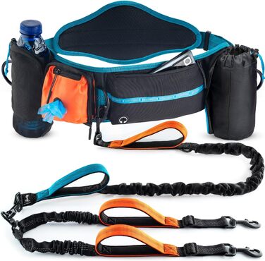 Спортивна повідка на талію для собак SparklyPets - Hands Free для середніх та великих порід. Комплект: тримач для телефону, пакети для екскрементів, кишеня для ласощів та тримач для пляшки. Оранжевий, для двох собак