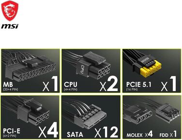Блок живлення MSI MAG A750GL PCIE5 750W, 80 Plus Gold, повністю модульний, ATX 3.0, підтримка PCIe 5.0, 120мм FDB вентилятор, чорні плоскі кабелі