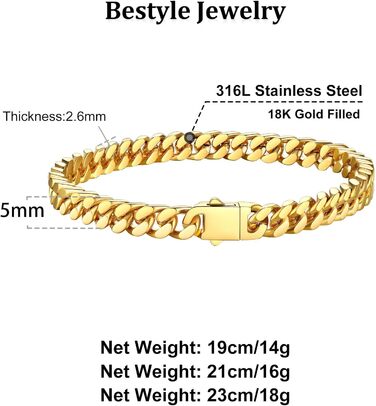 Чоловічий браслет-ланцюжок Miami Bestyle з нержавіючої сталі, 5/7/9/12.5 мм, 19/21/23 см, з подарунковою коробкою