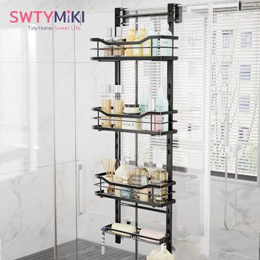 Підвісна полиця для душу SWTYMIKI (4 яруси, чорна) — Регульована органайзер-стійка з нержавіючої сталі без свердління для скляних дверей, з гачками та тримачем для мила