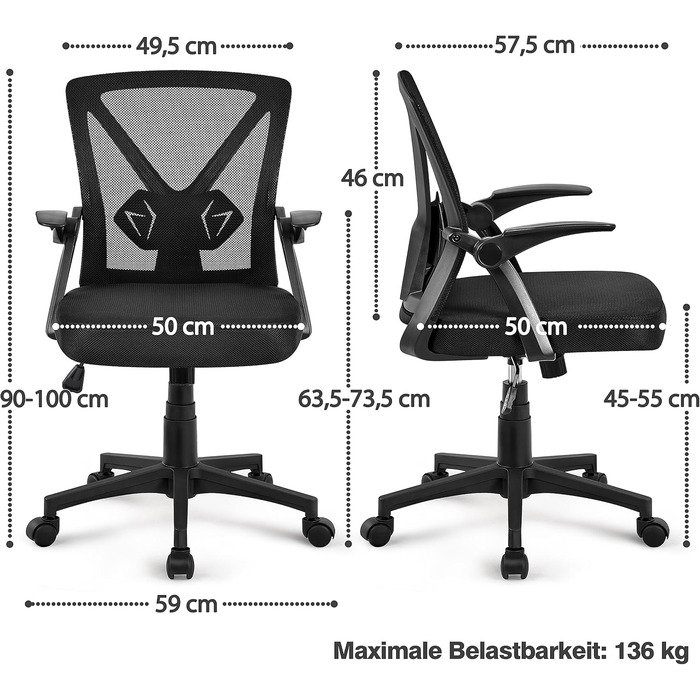 Офісне крісло Yaheetech з підйомними підлокітниками, сітчасте, ергономічне, з підтримкою попереку, функцією гойдання та регулюванням висоти (Чорний)