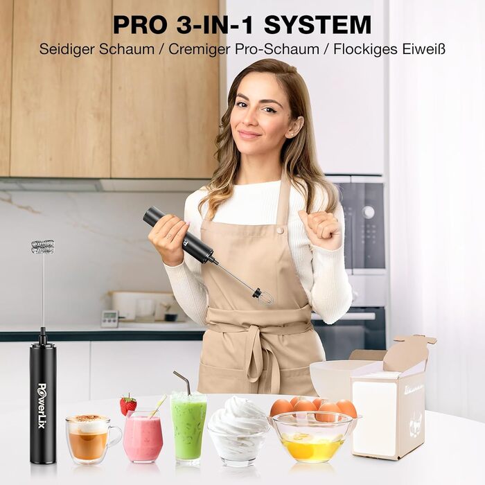 Електричний спінювач молока POWERLIX Pro 3-в-1: ручний, USB-C, 10 000 об/хв, для капучино, лате макіато, знімна насадка, чорний
