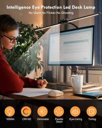 Світлодіодна лампа VUENICEE для столу з регулюванням яскравості та пультом дистанційного керування, 20W, кріплення-прищіпка, офісна лампа, 5 режимів кольору та яскравості, гнусий