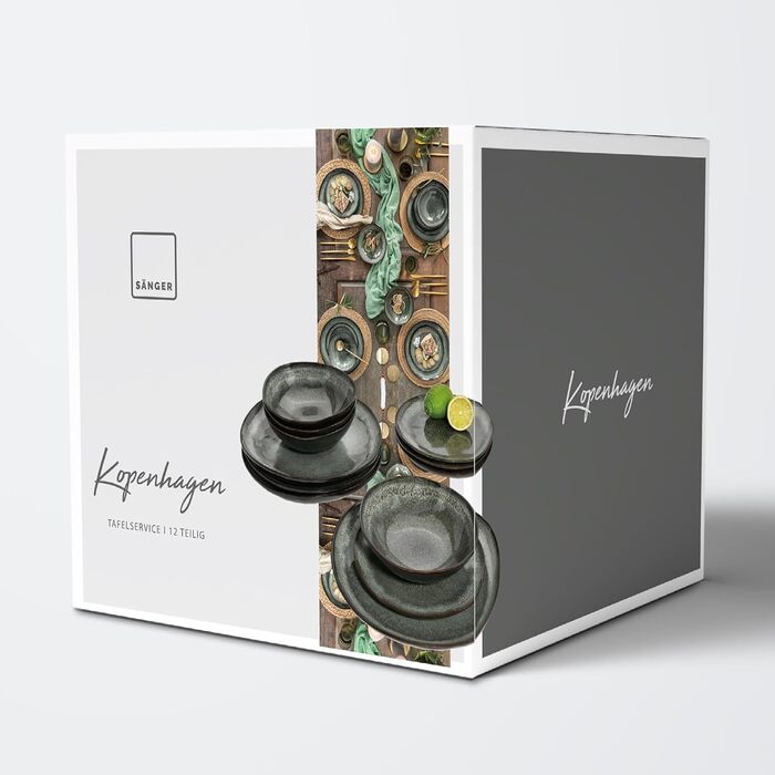 Singer | Copenhagen Coffee Mug Set, 4-Piece, Stoneware Coffee Cups for 4 People, Dishwasher-Safe Cups for Coffee, Tea & Hot Chocolate, Grey Coffee Pot with Green Accents, 300 ml | PREMIUM COLLECTION Coffee Cups, 4-Piece