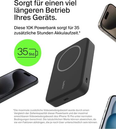 Belkin BoostCharge Pro Powerbank 10000mAh з Qi2 та MagSafe, з вбудованим підсвічуванням, чорний. Сумісний з iPhone 17, iPhone Air, iPhone 16, 15, 14, Pixel та ін.