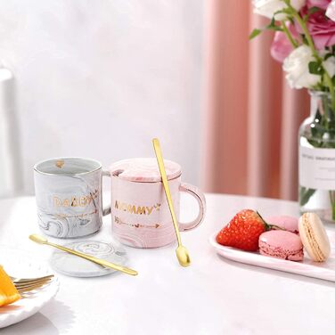 WUWEOT 350ml Coffee Mug Set Ceramic Mommy and Daddy Pair Mugs with Marbling Patterns Coffee Cups Set Gift Set with Lid Spoon Gift Box Perfect for Coffee, Tea, and Water