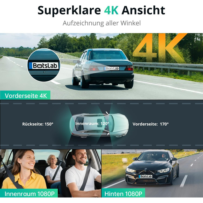 Відеореєстратор автомобіля BOTSLAB 4K 3-канальний з паркуванням, GPS, WiFi та SD-картою 128GB