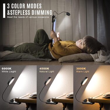 Ліхтарик для читання LQWELL на шию, LED, 3 кольори/яскравості, гнучкий, акумуляторний, для читання, рукоділля (чорний, комплект 3 шт)