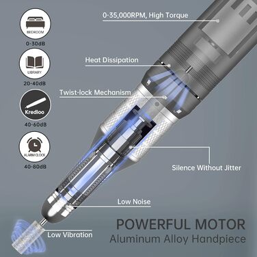 Електрична нігтьова фрезер Kredioo з LED-дисплеєм та 6 насадками для гель та акрил (35000 об/хв)