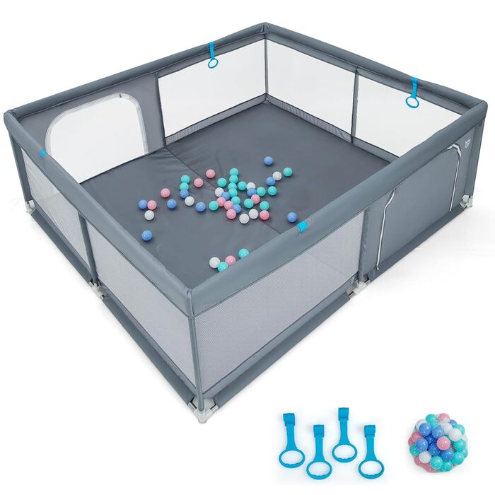 DREAMADE Playpen Baby, 200 x 180cm Playard with 50 Balls & 4 Grips & Carry Bag, Foldable Crawling Gate with Breathable Mesh, for Baby & Toddlers 0-36 Months (Dark Grey)