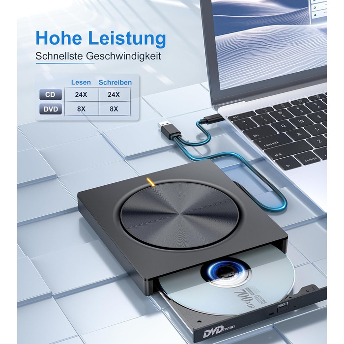 Зовнішній CD/DVD привід USB 3.0 та USB-C, оптичний накопичувач CD/DVD +/-RW ROM Brenner для ноутбука, ПК, MacBook, iMac (Windows, MacOS, Linux)