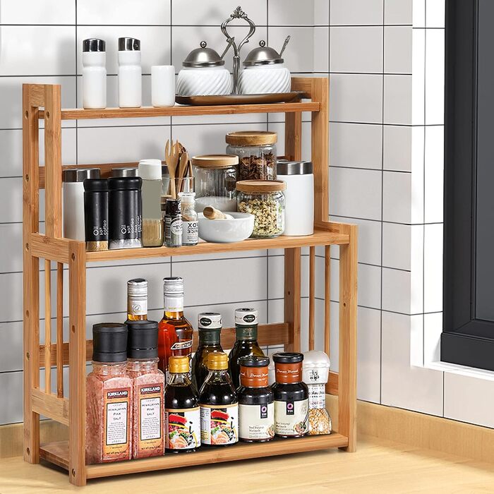 GIANTEX 3-Tier Bamboo Spice Rack, Corner Kitchen Shelf Organizer, Wooden Spice Stand Natural, Standing Kitchen Spice Rack, Kitchen Shelf System Spice Organizer Kitchen Organizer for Kitchen