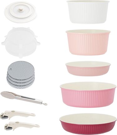 RIOVARM Induction Cookware Set with Removable Handles - Nonstick Granite Stackable Pots and Pans Set with Silicone Lids - PFOA Free Cookware Set - Pink