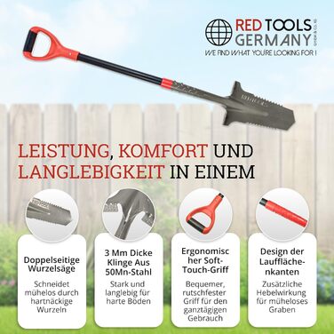 Садова лопата Red Tools Power Head з кореневою пилкою, 115 см, міцне лезо для кам'янистих і твердих ґрунтів, із підпорою для ноги та м'якою ручкою (сіра)
