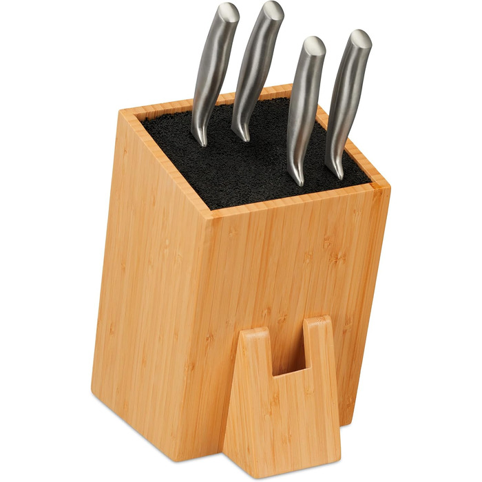 Relaxdays Knife Block, Unstocked, Bamboo Knife Holder, Universal, Knife Storage with Brush Insert, Natural/Black