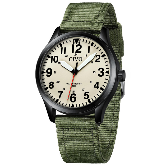 Чоловічий годинник CIVO водонепроникний, аналоговий кварц, великі цифри, світловий, військовий стиль, спортивний, для активного відпочинку, легко читати, подарунок (корпус з нейлону, колір B-1 зелений/кремовий)