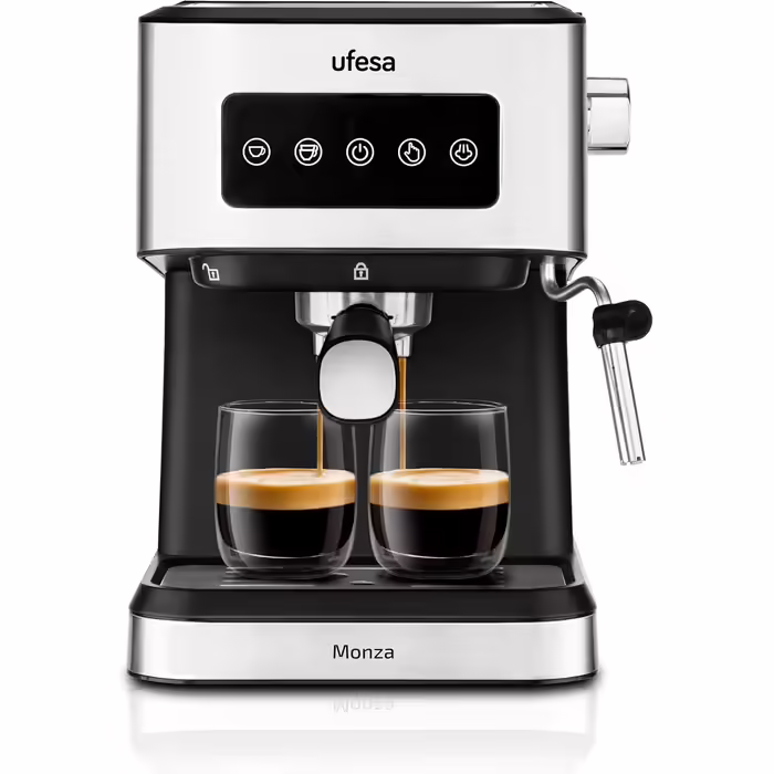 Ufesa Sienna Espresso Machine and Cappuccino Portafilter Machine with Milk Frother, 20 Bar Pressure, Digital Touch Panel, 1360W, for Ground Coffee or ESE Pads, 0.9L Water Tank, Silver (1050W | INOX)
