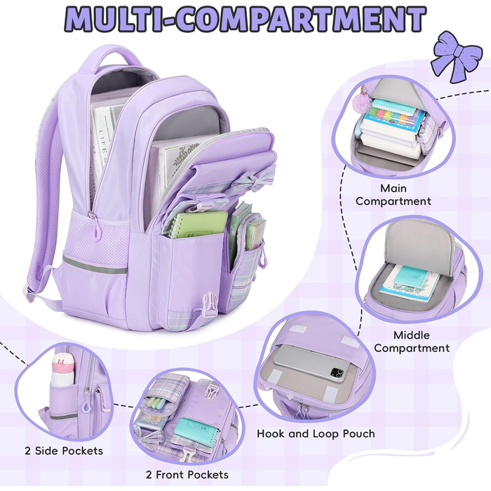 Шкільний рюкзак Tanou для дівчаток, водонепроникний, з ручкою-телескопом, візерунок 'каваї', 9-16 років (фіолетовий)