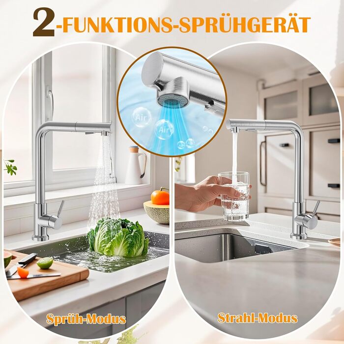 Змішувач кухонний висувний з душем, 360° поворотний, 2 режими розпилення, високий тиск, нержавіюча сталь (срібло)