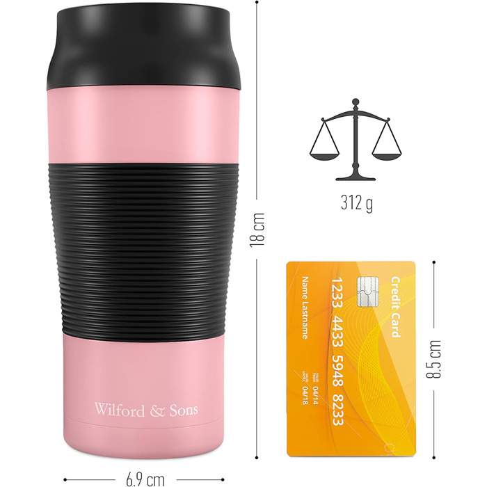 Термокружка для кави To-Go з нержавіючої сталі, 360 мл, рожева | Зберігає тепло 4 години, холод 8 годин | Без BPA, витікання неможливе