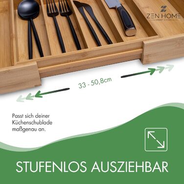 ZEN HOME Deluxe бамбуковий органайзер для столових приборів у шухляду, розсувний 33–50 x 43 x 5 см, антиковзкий, з 7–9 відділеннями