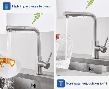 Висувна кухонна змішувач з душем, 360° поворот, нержавіюча сталь, 2 режими струменя, кухонна змішувач преміум-класу, сріблястого кольору