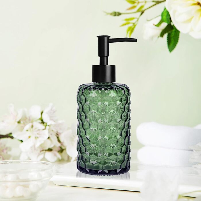 Скляний дозатор для мила 500 мл з хвильовим дизайном для ванної кімнати та кухні, з чорною пластиковою помпою, дерев'яними етикетками та воронкою (вугільний колір, зелений)
