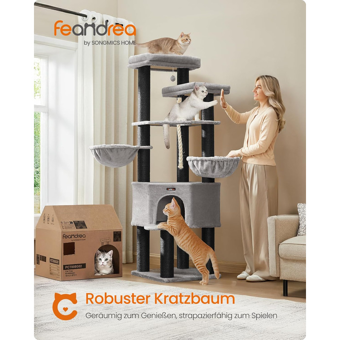 Дерево для котів Feandrea, багатоярусне, XXL, 55 x 186.7 x 55 см, товщина сизалю 11 см, для великих котів (наприклад, Мейн-кун), сіро-чорний колір, артикул PCT008G02