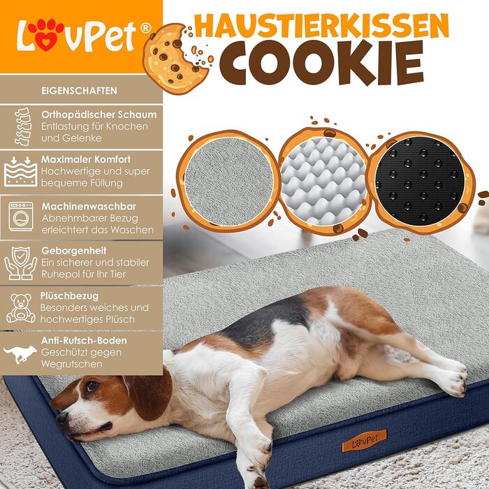 Lovpet® Orthopedic Dog Bed, Dog Cushion, Dog Basket Cookie, Incl. Bowl + 3X Chew Bones, Dog Sofa for Small, Medium & Large Dogs, Removable and Washable Cover, L 91x69x7.6 cm Anthracite (M (76 x 51 x 7.6 cm), Navy Blue / Light Grey)