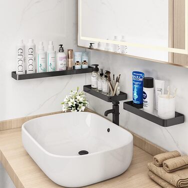 Biutimarden Shower Shelf No Drilling, Bathroom Shelf, Glass Shelf, Wall Mounting, Bathroom Shelf, Rectangular 8MM Tempered Glass, Self-Adhesive, Space Aluminum for Bathroom, Kitchen, Bathroom Accessories, 40CM Black