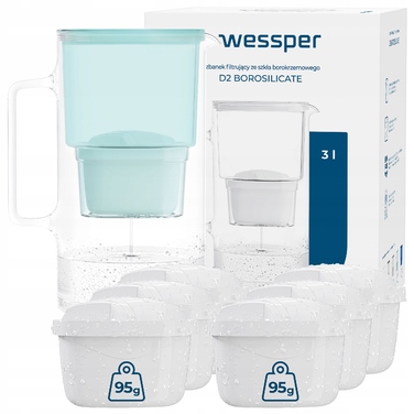 Скляний фільтр-кувшин Wessper D2 BOROSILICATE 3л, м'ятний + 7 фільтрів