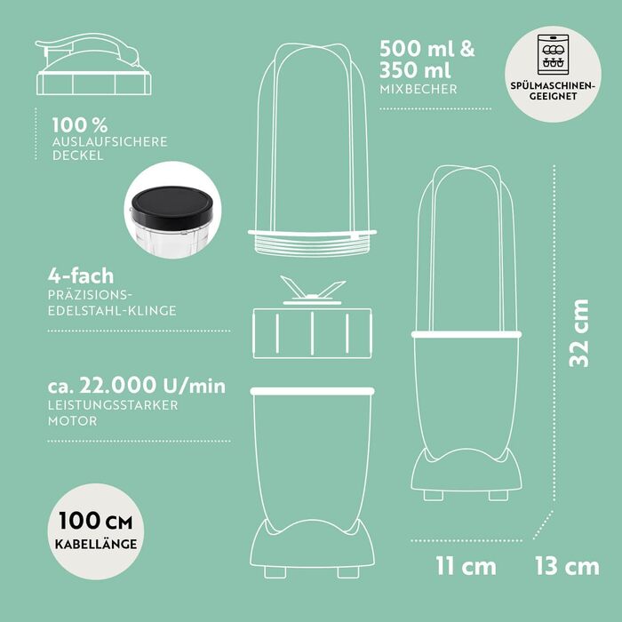 GOURMETmaxx Mr. Magic: Блендер для смузі та шейків | 400W | Комплект з 4 насадок | Чорний, Антрацит | Mr. Magic Power +