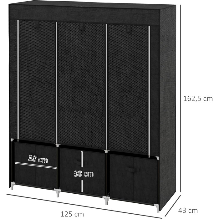 HOMCOM Fabric Wardrobe, Foldable Clothes Closet with Clothes Rod & Drawers, Folding Closet with Zipper, Fabric Closet for Bedroom, Black, 125 x 43 x 162.5