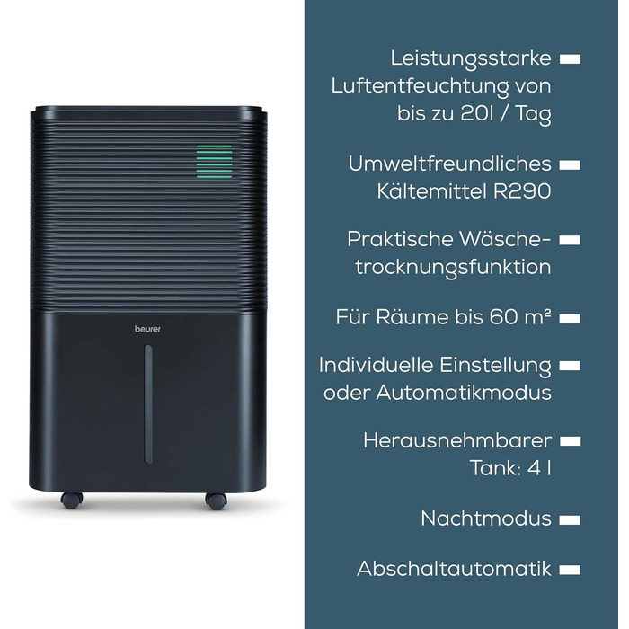 Beurer LE 150: Електричний осушувач повітря - 12 л/24 год, для дому та сушіння білизни, тихий, проти цвілі та запахів, резервуар 2 л, до 30 м²