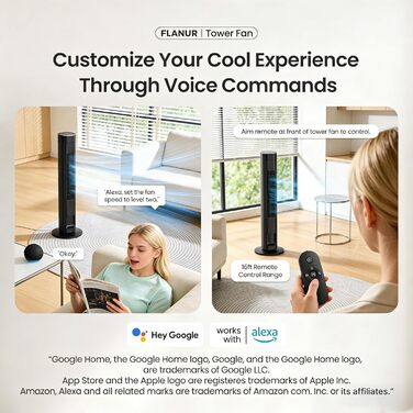 Вентилятор вежовий FLANUR WiFi Alexa 108 см, тихий (25 дБ), з пультом, 4 режими, 90° осциляція, таймер 12 год, чорний