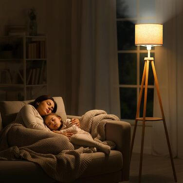 Стельова лампа для вітальні з полицею, дерев'яна LED-стійка лампа з регулюванням яскравості, тринога, 3 колірні температури, таймер на 30/60 хвилин, абажур, вимикач на корпусі для вітальні, спальні, офісу.