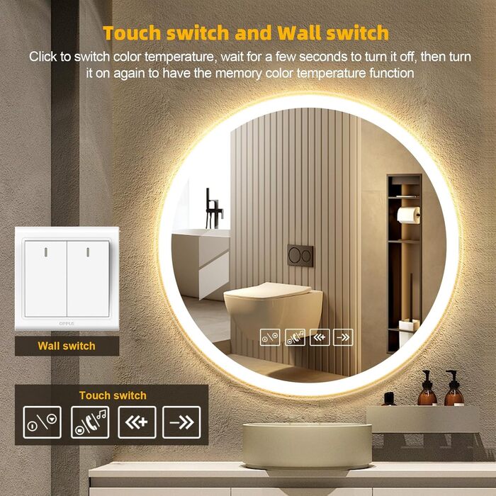 Дзеркало для ванної кімнати Viugreum з підсвічуванням 50x75 см, овальне LED дзеркало, регульована яскравість, 3 кольори світла, проти запотівання, годинник, сенсорне управління, LED дзеркало для ванної кімнати, вітальні