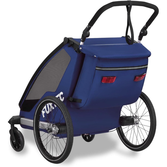 Fuxtec Fahrradanhänger Sportfux: Причіп для велосипеда на 2 місця, з багажником, відбивачами, ручкою-штовхачем, захистом від дощу та сонця, складний, фіолетовий FX-FA1 (блакитний)