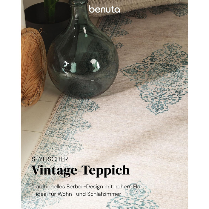 benuta pop Laury Rug - Synthetic Fiber - Rectangular & in Vintage Style - Easy to Care For for Living Room, Bedroom, Turquoise, 200x300 cm 200 x 300 cm (Rectangular) Turquoise