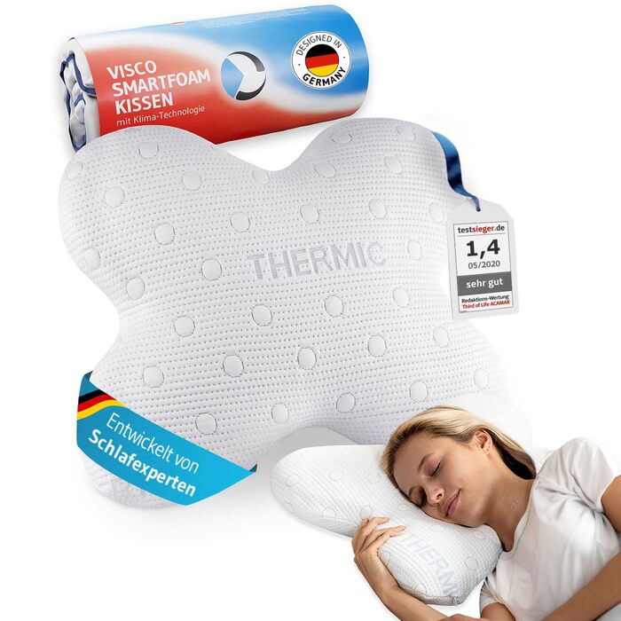 Ергономічна подушка для сну на боці ACAMAR (Memory Foam) з терморегулюючим чохлом, форма метелика, біла