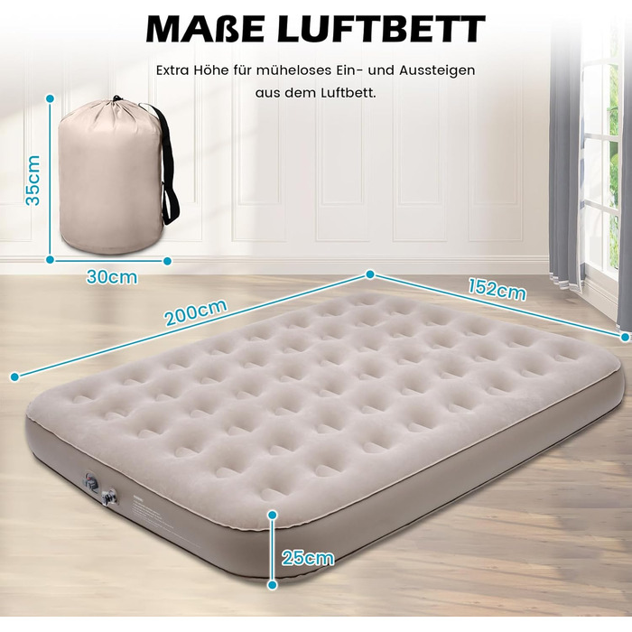 Надувне ліжко для двох осіб, самонадувне, з електричним насосом. Розмір 198x152x25 см